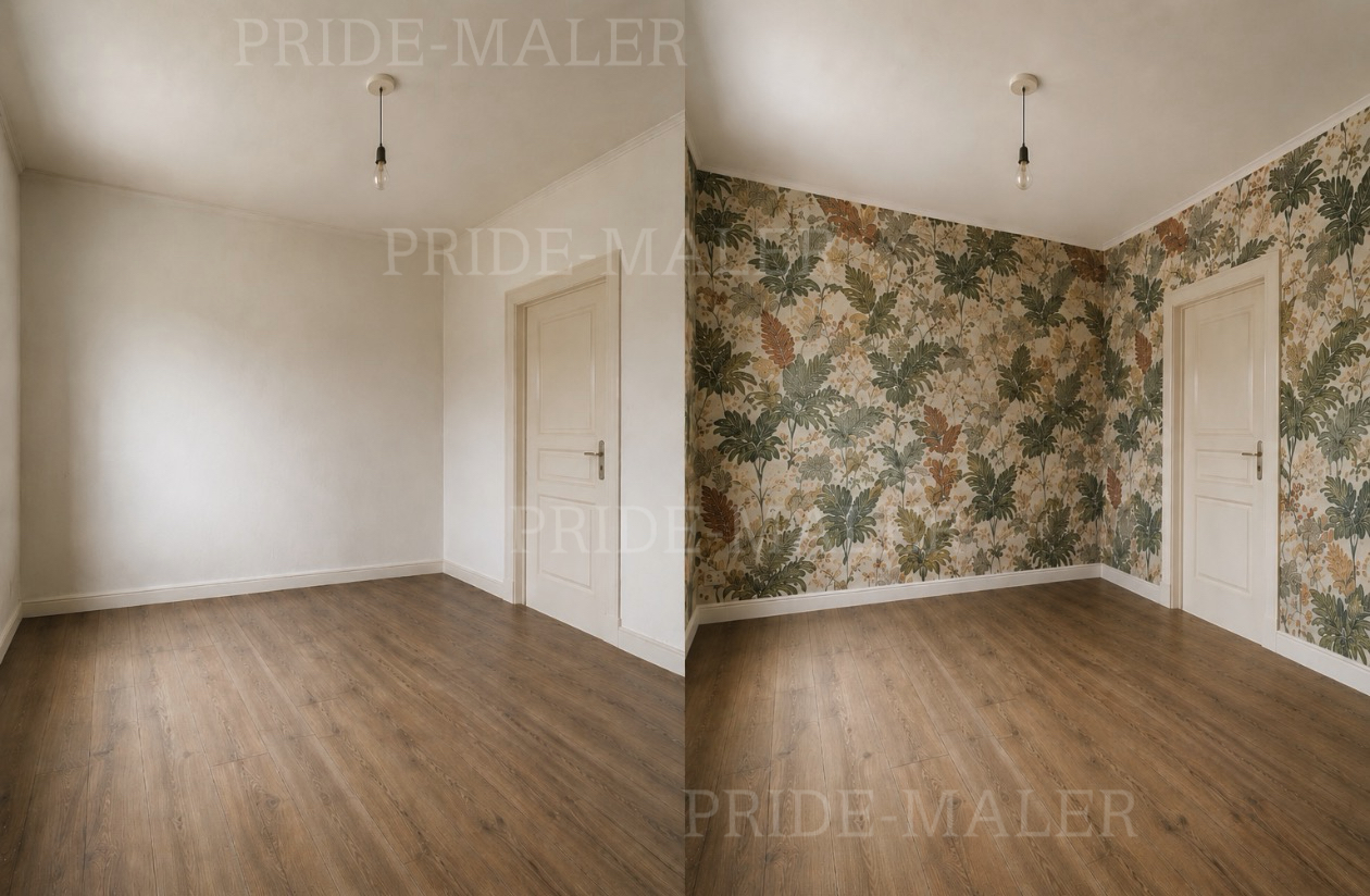 Raum vor und nach dem Anbringen einer floralen Mustertapete