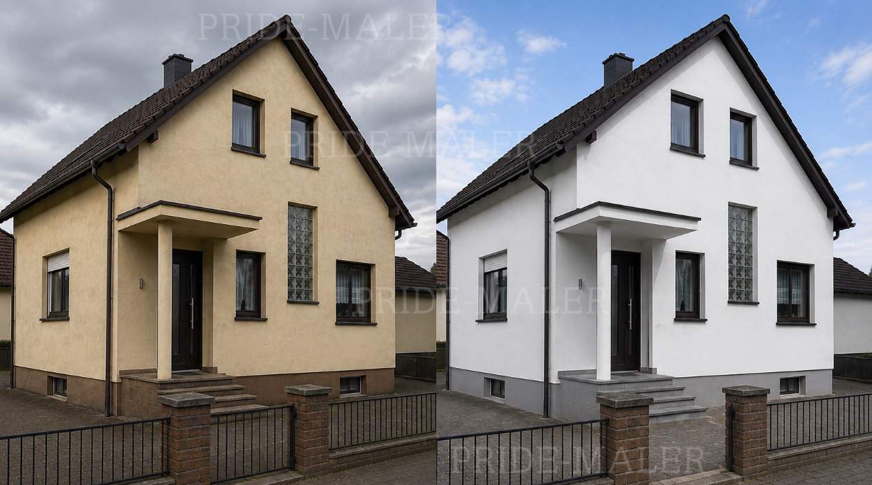 Hausfassade vor und nach einem neuen weißen Anstrich