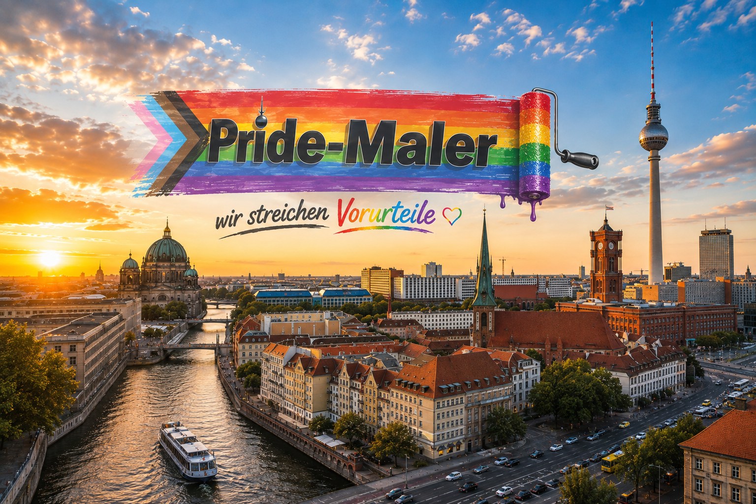 Pride-Maler Schriftzug über der Berliner Skyline