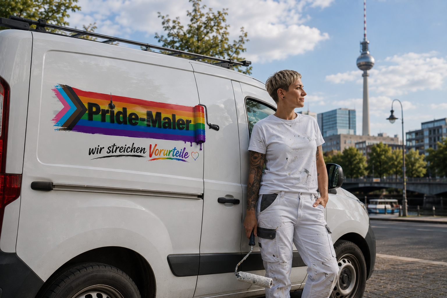 Malerin von Pride-Maler am Betriebsfahrzeug in Berlin